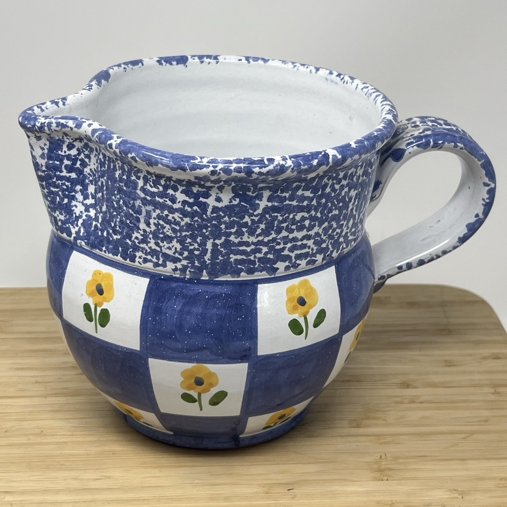 Vintage 6" Hand Painted Ceramic Jug Pitcher Portugal Blue Speckle Yellow Flower